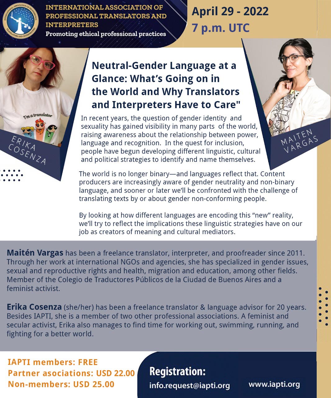 La imagen muestra el flyer, en inglés, del webinario «Gender Neutral Language at a Glance: What's Going on in the World and Why Translators and Interpreters Have to Care».